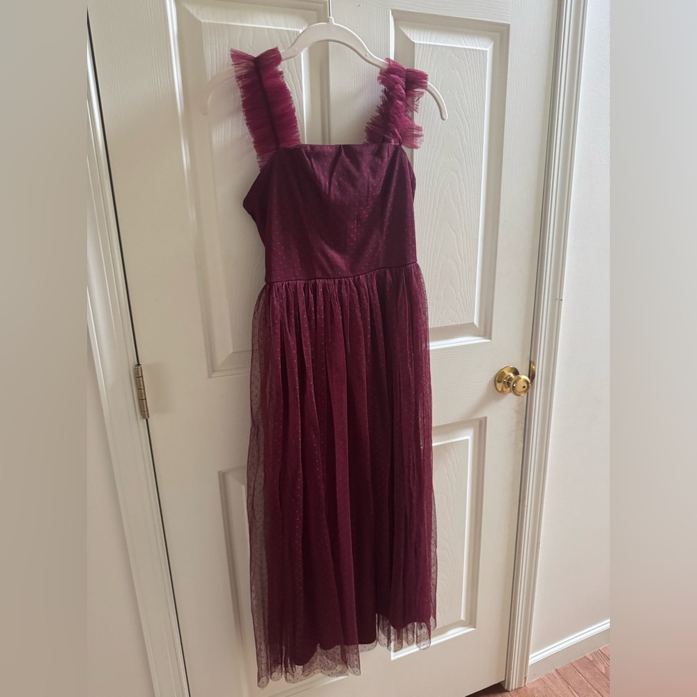 Divine Invitation Burgundy Tulle Swiss Dot Ruffled Midi Dress size XS - Picture 4 of 11